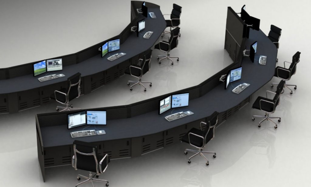 Half circle rows of education desk furniture with chairs, monitor arms and keyboard