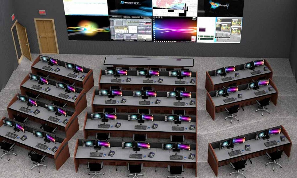 Emergency operations center EOC multiple rows with video monitoring wall