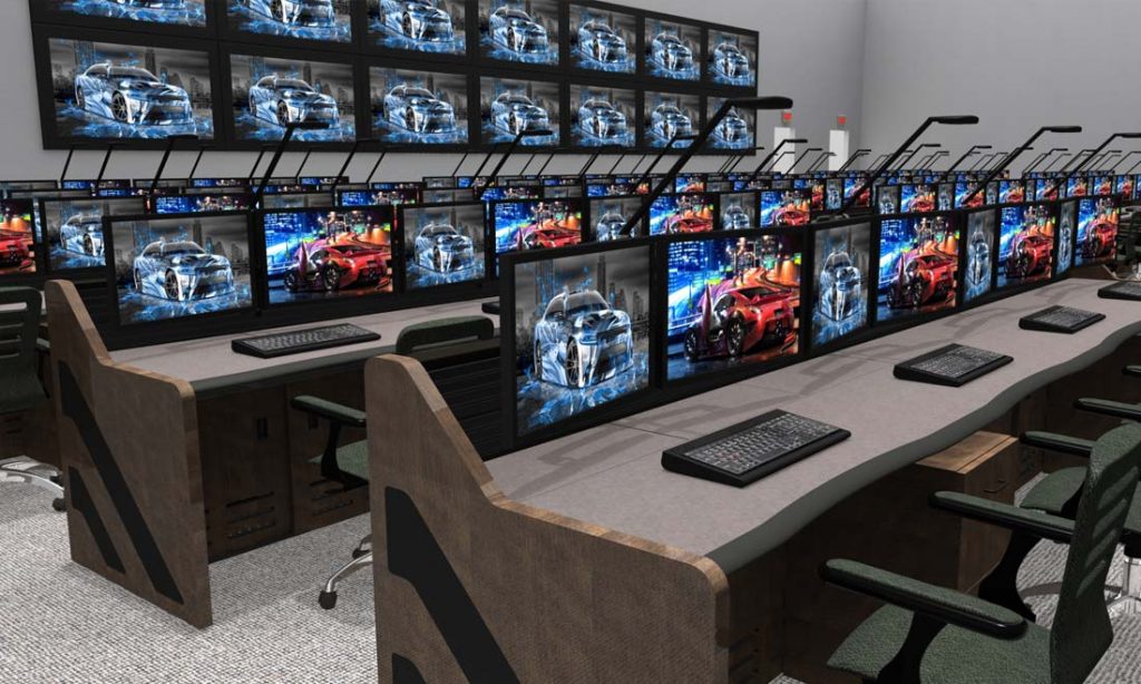 multi-rows control room furniture with monitors and monitor wall