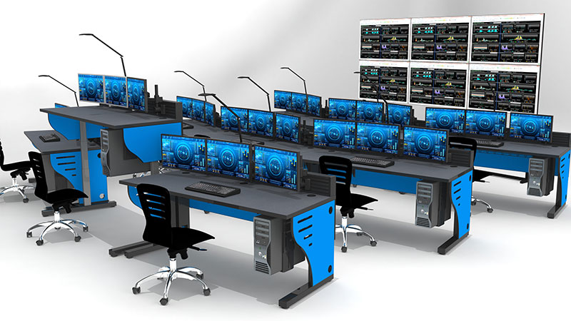 blue adjustable height consoles with video wall SCADA