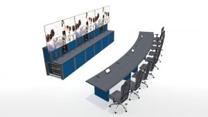 collaboration-style noc desk with basic worksurface, task chairs, and wall mounted displays, aerial view