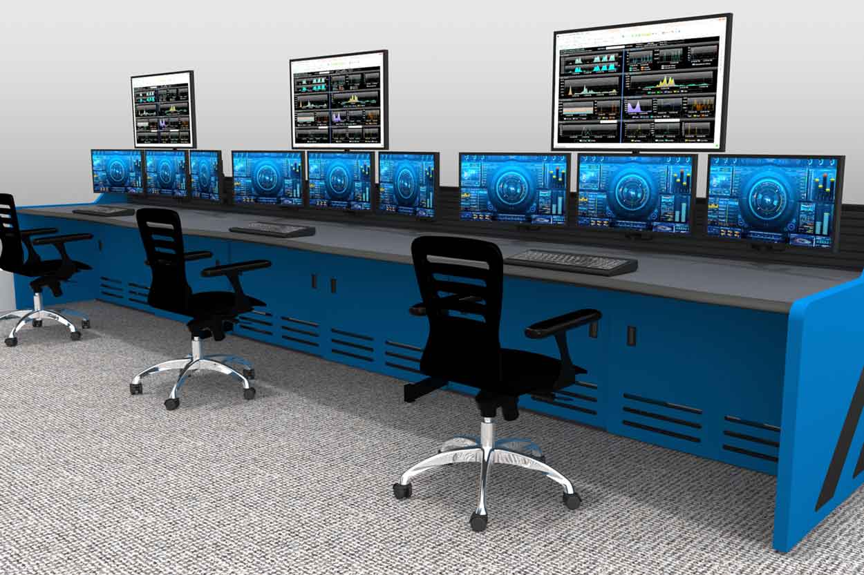 ground control center containing blue, dual operator station with task lighting, chairs, and monitors