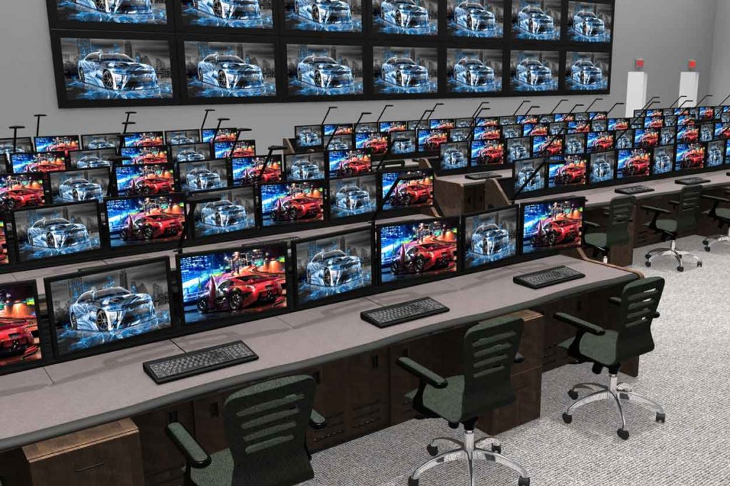 rendering of nasa mission control room furniture containing multi-layered console rows, operator stations with chairs and dual monitors