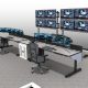 command center in naval base, dual station console desks with task chair, monitors, and dual monitor display stands