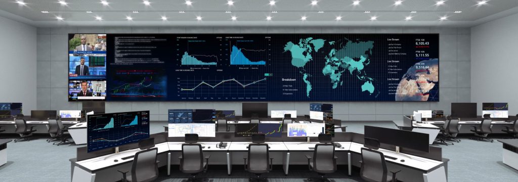 LG video display wall with console desks Inside of a NOC