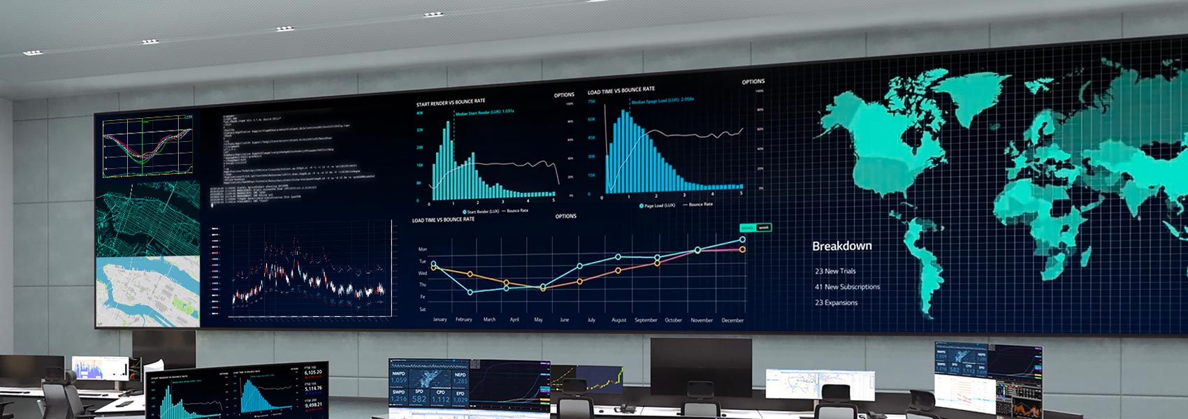 control center with large av wall display and multiple noc furniture configurations