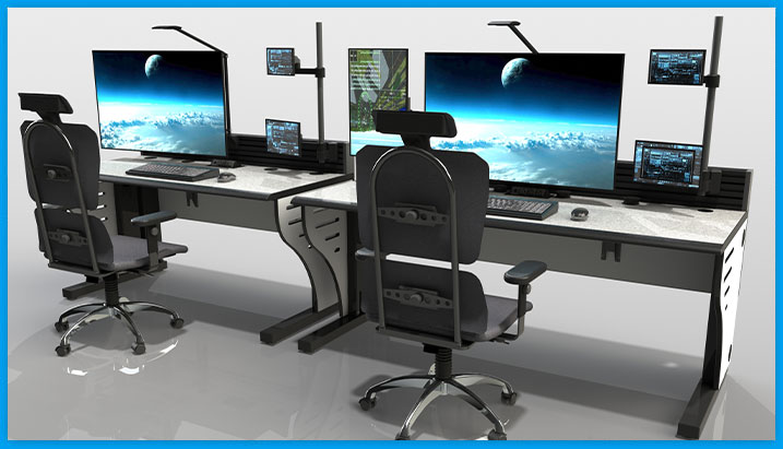 dual console furniture setup in control rooom at blue origin headquarters