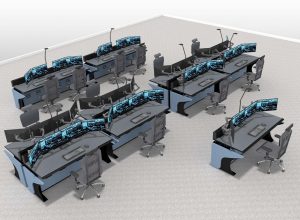 Blade line of control room consoles, multi-operator configuration with task chairs and display monitors